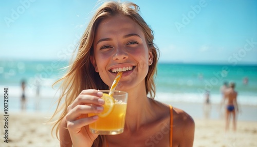 Smiling young woman enjoying a day at the beach in summer 