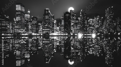A black and white nighttime cityscape with building reflections on water