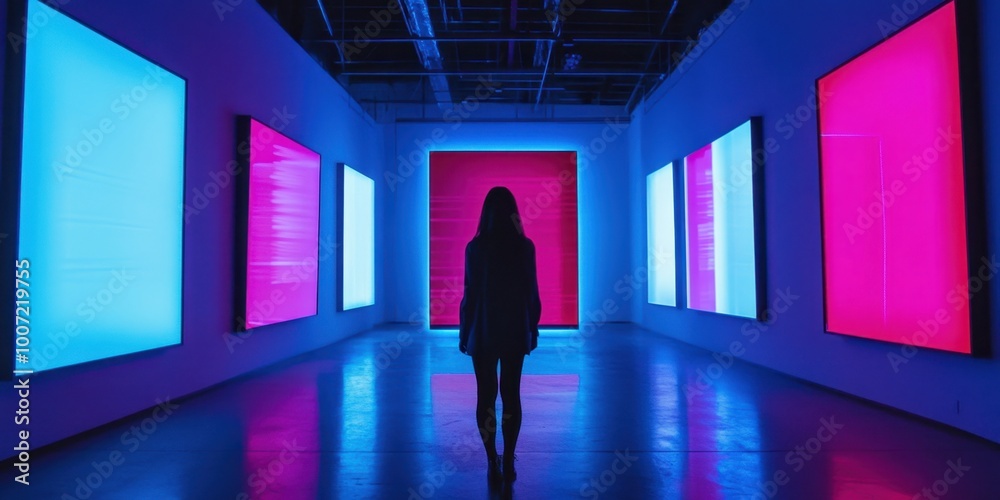 a woman standing in front of a wall of colorful lights a woman standing in front of a wall of colorful lights
