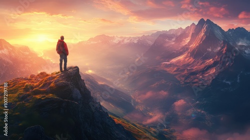 Traveler standing on a mountain peak overlooking a stunning landscape at sunrise