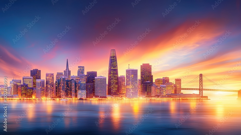 The San Francisco skyline at dusk, with tall buildings illuminated against the twilight sky, and the Bay Bridge glowing in the distance. The San Francisco skyline at dusk, with tall buildings illuminated against the twilight sky, and the Bay Bridge glowing in the distance.