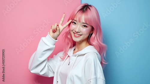 Young pretty Asian woman with glitter make-up wearing sporty fashion, white clothes, model posing isolated on a colorful modern pink and blue background, k-pop style