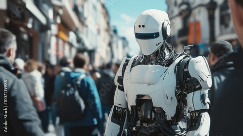 Wallpaper Mural A white robot walks through a crowd of people in a city setting. Torontodigital.ca