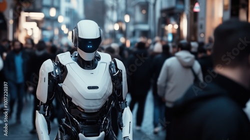 Wallpaper Mural A white humanoid robot walks through a bustling city street, blending in with the crowd. Torontodigital.ca