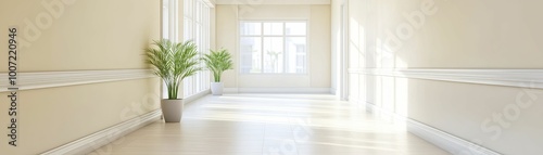 Wallpaper Mural Serene Long Hallway with Lush Green Plant Enhancing the Tranquil Atmosphere and Inviting Natural Light for a Calming Interior Space Torontodigital.ca