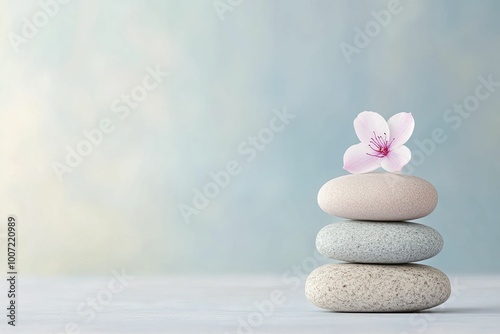 Serene Stack of Stones with Delicate Pink Flower on Top, Symbolizing Balance and Tranquility in Natures Beauty