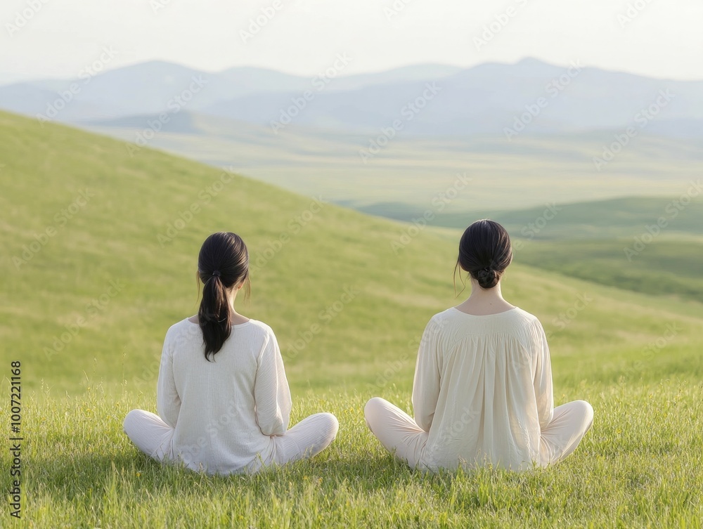 Two Women Relaxing Together in a Lush Green Field Surrounded by Nature, Enjoying a Peaceful Moment Under a Clear Blue Sky Two Women Relaxing Together in a Lush Green Field Surrounded by Nature, Enjoying a Peaceful Moment Under a Clear Blue Sky