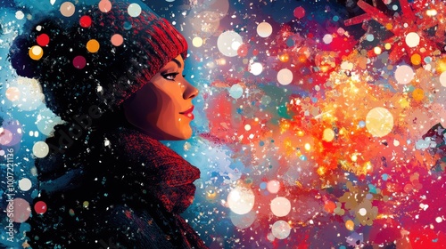 Woman in Winter Hat Amidst Vibrant Colorful Bokeh Lights in Snowy Night