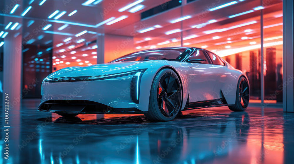 Futuristic Electric Sports Car in Neon Lit Modern Showroom Futuristic Electric Sports Car in Neon Lit Modern Showroom