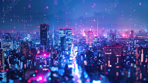 Nighttime city scene with numerous bright lights