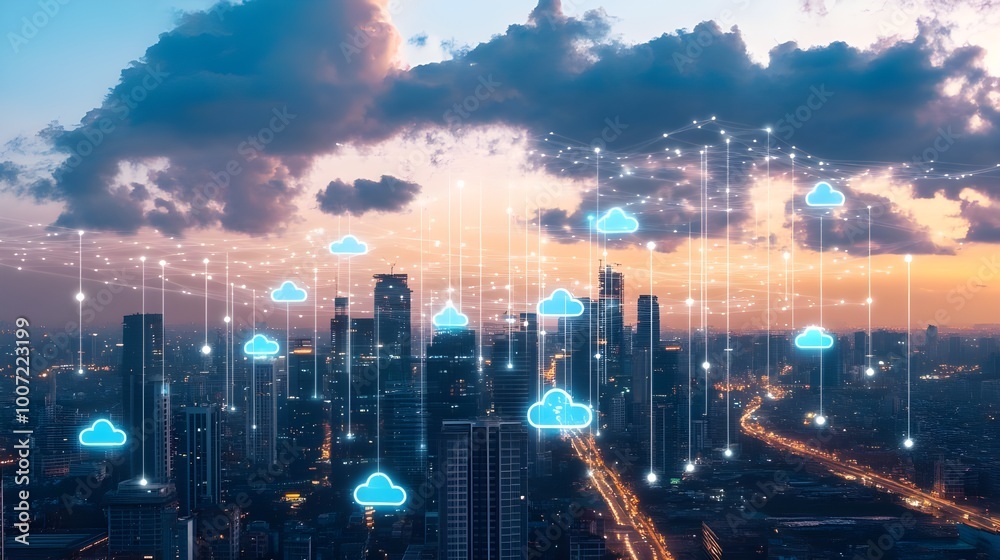 Fototapeta premium A futuristic cityscape with clouds symbolizing digital data, representing the concept of cloud computing and modern technological advancements