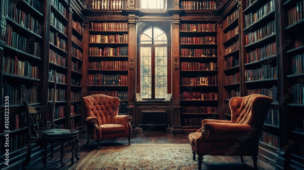 A quiet library located in an old building, featuring towering bookshelves, soft lighting, and comfortable chairs. This serene space invites relaxation and exploration of literary treasures A quiet library located in an old building, featuring towering bookshelves, soft lighting, and comfortable chairs. This serene space invites relaxation and exploration of literary treasures