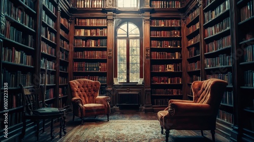 A quiet library located in an old building, featuring towering bookshelves, soft lighting, and comfortable chairs. This serene space invites relaxation and exploration of literary treasures