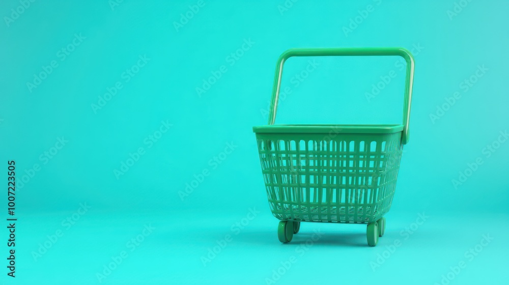 Green shopping basket on turquoise background.