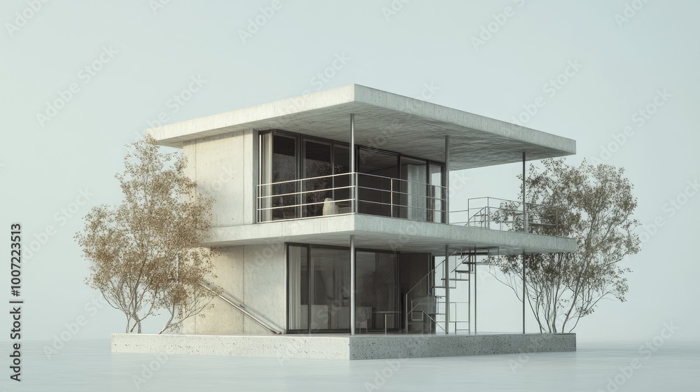 Modern Minimalist Concrete House with Trees and Glass Windows Modern Minimalist Concrete House with Trees and Glass Windows