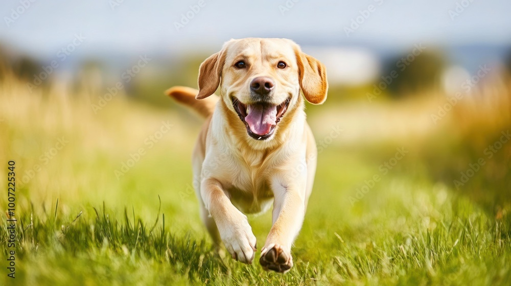 A happy golden retriever runs through a grassy field, tongue out and tail wagging.