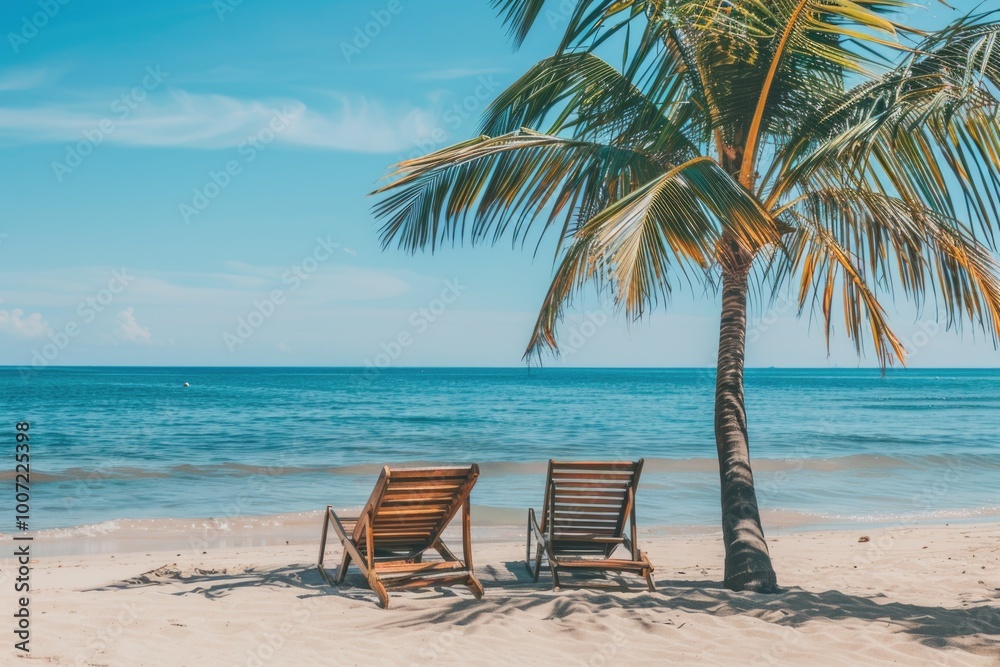 Two chairs sitting under a palm tree on a sunny beach Two chairs sitting under a palm tree on a sunny beach