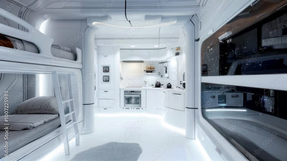 Spaceship room with bunk bed and kitchen, design of habitat in spacecraft or colony house. Futuristic compartment interior. Concept of space, technology, travel, sci-fi, future
