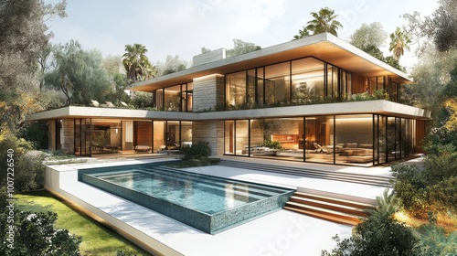 Wallpaper Mural Minimalist Villa Design with Pool, aerial perspective highlighting vibrant colors, sustainable materials, energy efficiency, and innovative architectural details. Torontodigital.ca