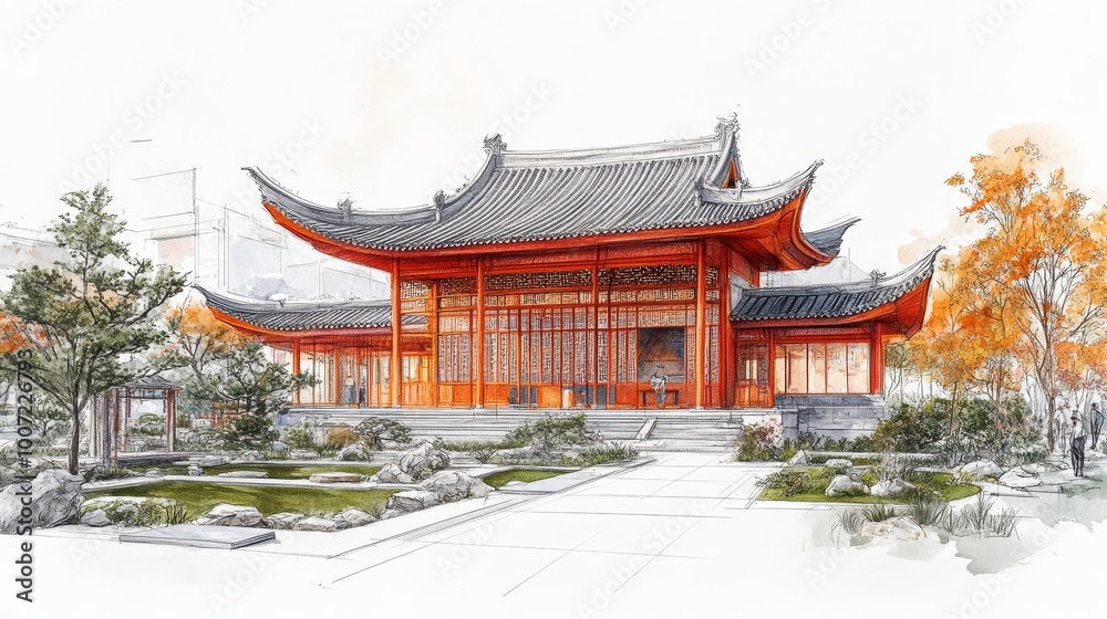 Traditional Chinese Temple Design with Zen Garden, vibrant colors and sustainable materials highlighting creativity and innovation in architecture. Traditional Chinese Temple Design with Zen Garden, vibrant colors and sustainable materials highlighting creativity and innovation in architecture.