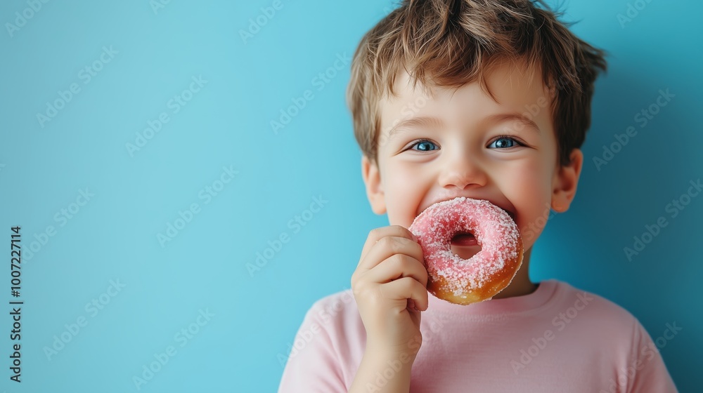 A joyful child enjoys a pink frosted donut against a vibrant blue background in a playful setting A joyful child enjoys a pink frosted donut against a vibrant blue background in a playful setting