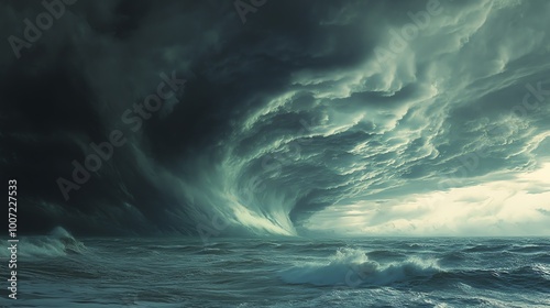 Dramatic, dark stormy ocean with large swirling clouds and waves creating a powerful and ominous atmosphere.