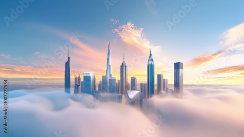 Wide-angle shot of a city skyline at dawn, with skyscrapers emerging from the mist and soft morning light bathing the scene