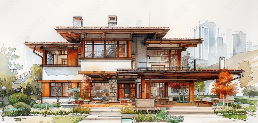 A luxurious mountain chalet combining rustic charm and modern elegance, surrounded by scenic alpine views and autumn colors. This architectural gem offers a warm, inviting retreat amidst nature's brea A luxurious mountain chalet combining rustic charm and modern elegance, surrounded by scenic alpine views and autumn colors. This architectural gem offers a warm, inviting retreat amidst nature's brea