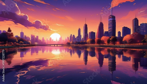 City skyline at sunset