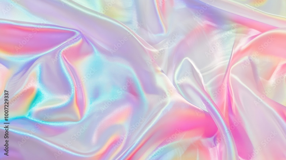 Fototapeta premium Abstract iridescent fabric background in pink, blue, and green shades.
