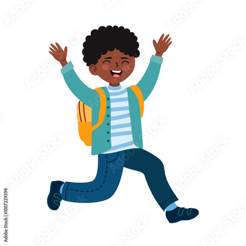 Smiling young African American boy.
A cheerful student happily goes to school. Vector colorful hand drawn illustration isolated on white background.