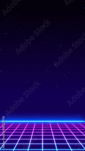 3D Synthwave terrain landscape, digital blue purple glow cyberspace laser neon grid floor perspective, abstract futuristic retrowave poster design, 80s retro night arcade game tech style background