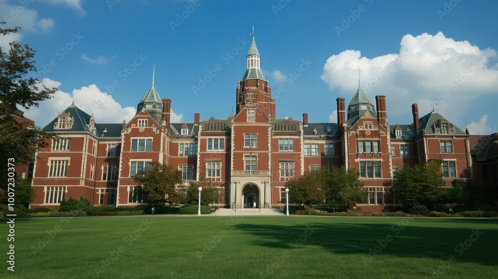 Fototapeta premium Red brick building with multiple towers on a large green lawn under a blue sky with white clouds.