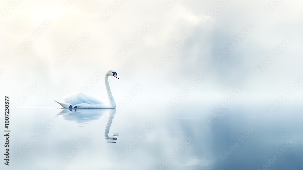 Graceful swan glides over a serene misty lake, creating a peaceful and tranquil scene in nature, perfect for calming and reflective moments. Graceful swan glides over a serene misty lake, creating a peaceful and tranquil scene in nature, perfect for calming and reflective moments.