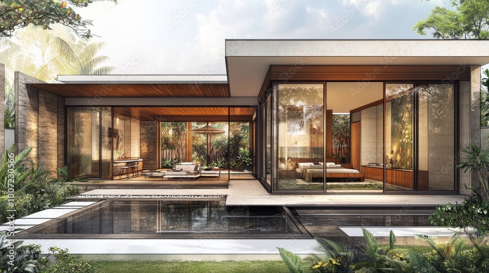 Tropical Modern House Design, interior sketch highlighting sustainable materials, garden and pool integration, showcasing innovative architectural creativity. Tropical Modern House Design, interior sketch highlighting sustainable materials, garden and pool integration, showcasing innovative architectural creativity.