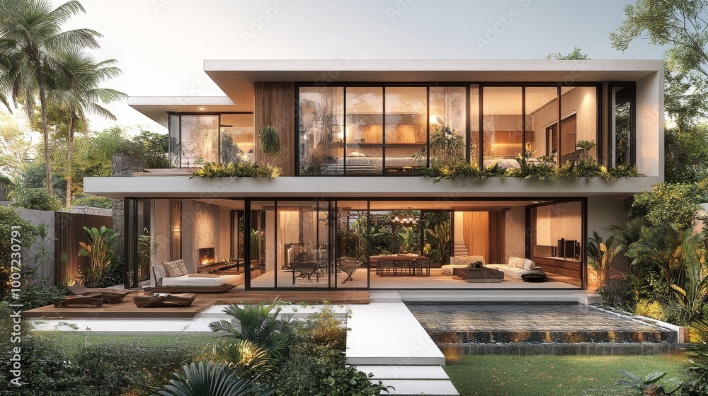 Fototapeta premium Tropical Bali Modern House Design, interior sketch highlighting sustainable materials, innovative features, serene garden and pool setting.