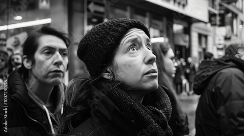 A young woman in a beanie and scarf looks up with a thoughtful expression, while a person in the background is partially out of focus.