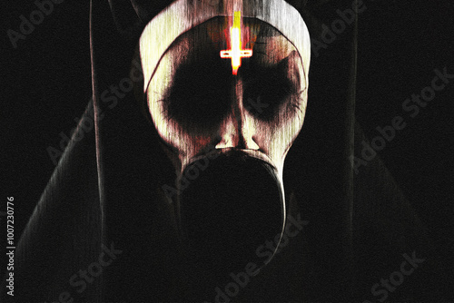Принти на полотні Terrifying nun with overturned cross on forehead and distorted in scream mouth