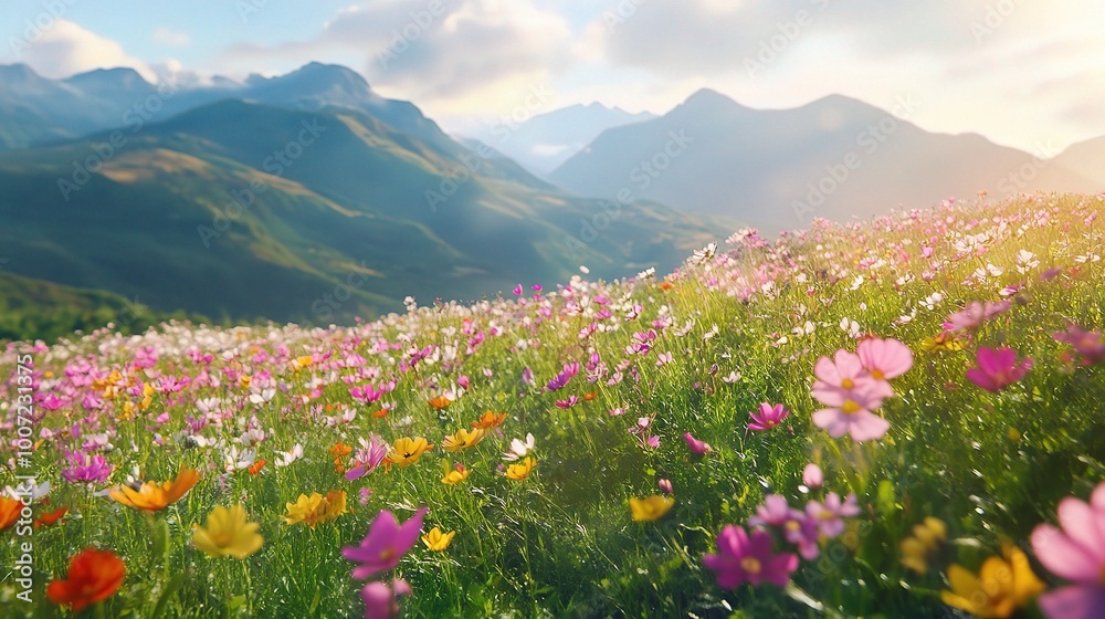 Obraz premium Vibrant Flower Field with Mountains in Background
