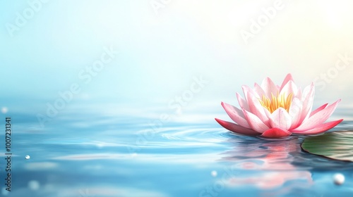 Pink water lily flower floating on a blue water surface with sunlight and water ripples.