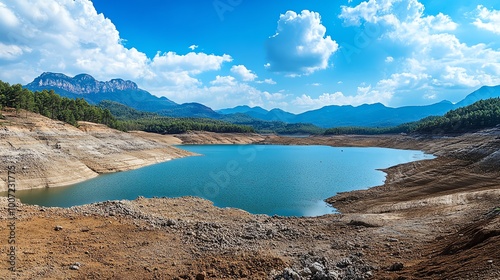 Breathtaking view of a serene mountain lake surrounded by rugged terrain and lush greenery under a bright blue sky with white clouds.