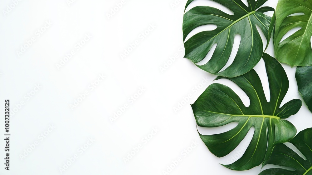 Fototapeta premium Flat lay of lush green Monstera leaves on a bright white background