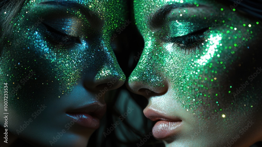 Close-up of two women's faces covered in sparkling green glitter, eyes closed, noses touching. Close-up of two women's faces covered in sparkling green glitter, eyes closed, noses touching.