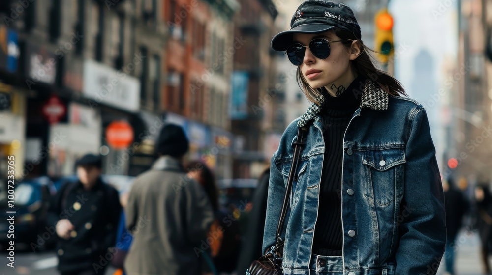 A young woman in a denim jacket walks through the city, wearing sunglasses and a cap. She is confidently looking forward to the day ahead. A young woman in a denim jacket walks through the city, wearing sunglasses and a cap. She is confidently looking forward to the day ahead.