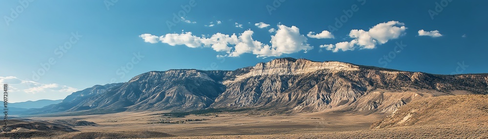 Panoramic view of a serene desert landscape with majestic mountains, clear blue sky, and scattered clouds. Perfect for nature and travel themes. Panoramic view of a serene desert landscape with majestic mountains, clear blue sky, and scattered clouds. Perfect for nature and travel themes.