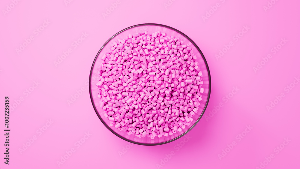 Top view on glass cup with pink plastic polypropylene granules, masterbatch polymer grain, on pink backdrop. HDPE or PVC resin pellets. 3d render illustration Top view on glass cup with pink plastic polypropylene granules, masterbatch polymer grain, on pink backdrop. HDPE or PVC resin pellets. 3d render illustration
