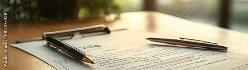 Close-up of a contract document on a desk with pens in an office setting, representing business, agreement, and legal concepts.
