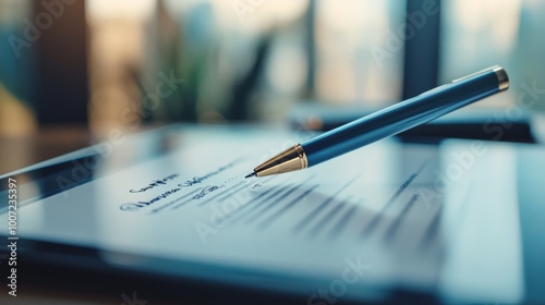 Close-up of a pen hovering over a contract on a tablet.