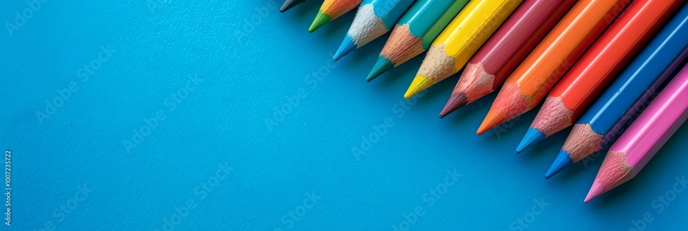 a row of colored pencils lined up on a blue surface a row of colored pencils lined up on a blue surface