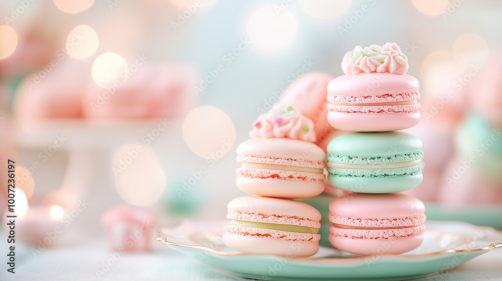 Fototapeta premium Stack of pink and green macarons on a plate with a blurred background.